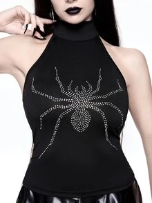 ROMWE Black Goth High Neck Cut-Out Shoulder Spider Rhinestone Knit Women's Tank Top - Black - View 2