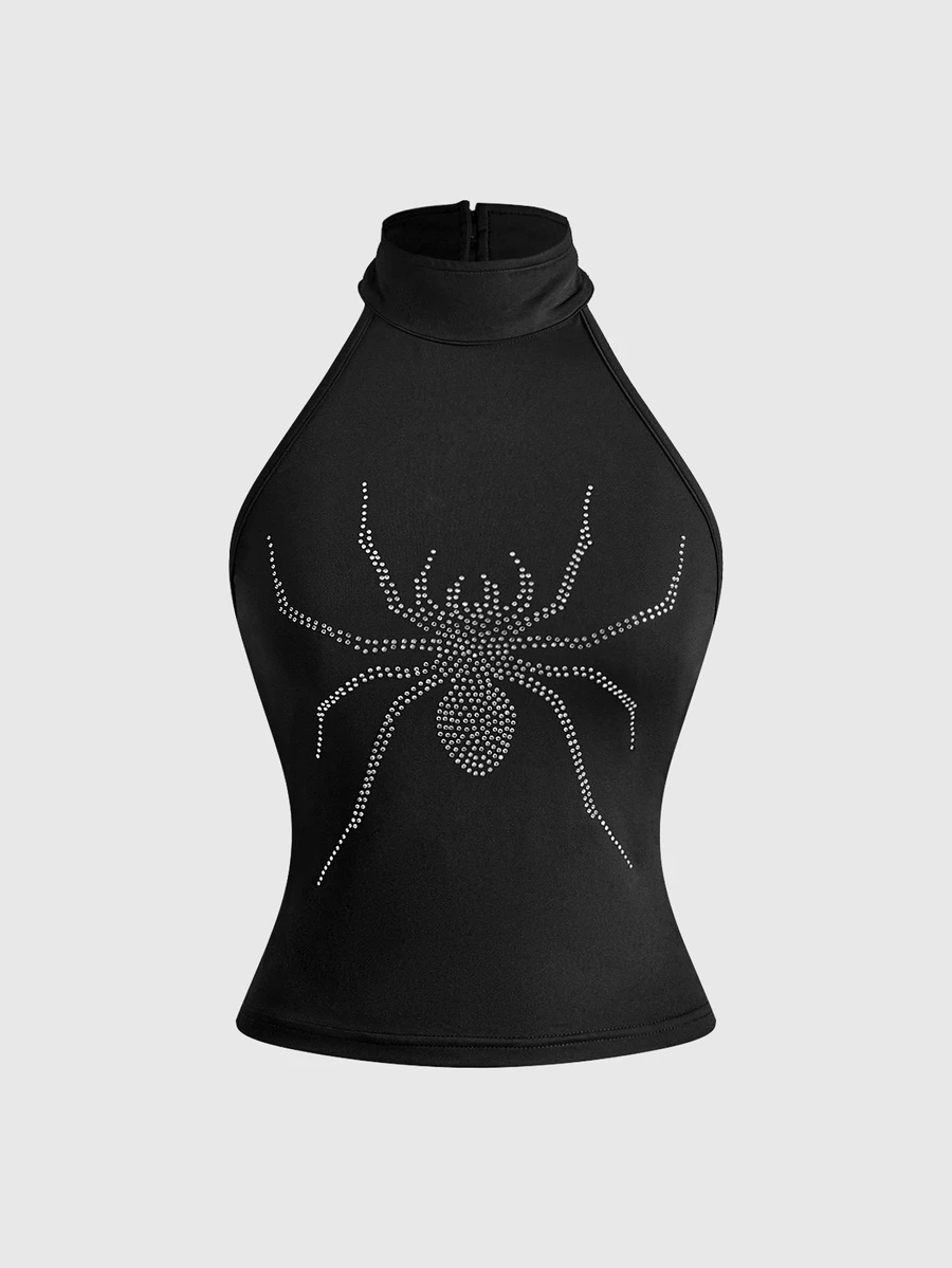 ROMWE Black Goth High Neck Cut-Out Shoulder Spider Rhinestone Knit Women's Tank Top - Black - View 1