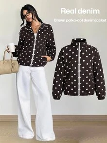 Rivivi Women's Fashion Zipper Polka Dot Print Washed Denim Jacket - Coffee Brown - View 1