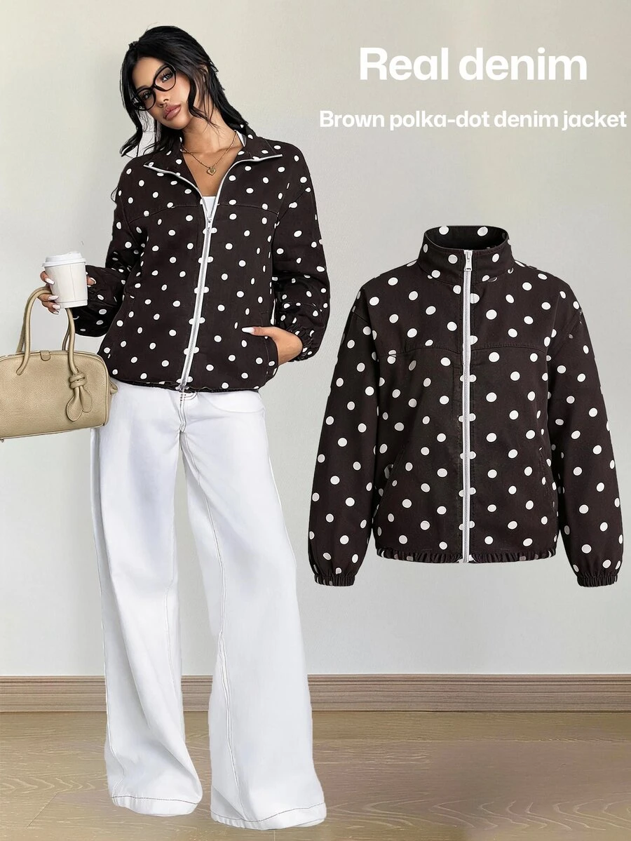Rivivi Women's Fashion Zipper Polka Dot Print Washed Denim Jacket - Coffee Brown - View 1