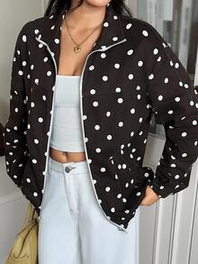 Rivivi Women's Fashion Zipper Polka Dot Print Washed Denim Jacket - Coffee Brown - View 8