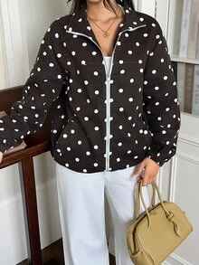 Rivivi Women's Fashion Zipper Polka Dot Print Washed Denim Jacket - Coffee Brown - View 4