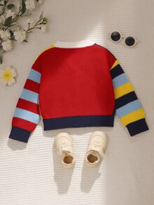 SHEIN 幼兒拼色拼接純棉針織開襟衫，字母貼布條紋長袖毛衣外套，酷女孩春夏秋冬外穿V領毛衣，時尚疊穿上衣，適合日常穿著、旅行、度假、上學 - 彩色 - 查看 2