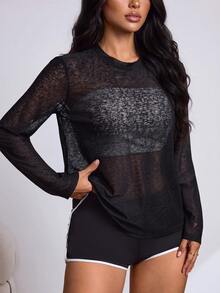 Slayform Women's Round Neck Long Sleeve Black Hollow Out Sports T-Shirt - Black - View 6