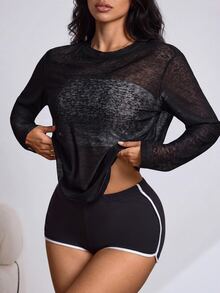 Slayform Women's Round Neck Long Sleeve Black Hollow Out Sports T-Shirt - Black - View 1