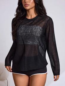 Slayform Women's Round Neck Long Sleeve Black Hollow Out Sports T-Shirt - Black - View 5