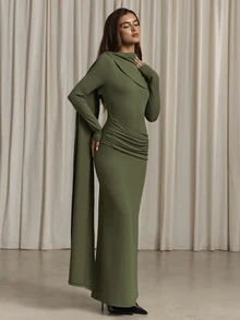 Aloruh Women's Autumn/Winter Ruched Cowl Neck Slim Fit Mermaid Dress - Army Green - View 6