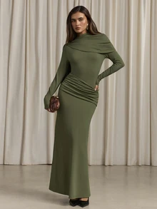 Aloruh Women's Autumn/Winter Ruched Cowl Neck Slim Fit Mermaid Dress - Army Green - View 3