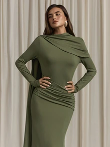 Aloruh Women's Autumn/Winter Ruched Cowl Neck Slim Fit Mermaid Dress - Army Green - View 5