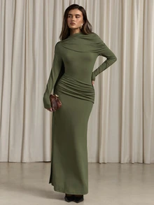 Aloruh Women's Autumn/Winter Ruched Cowl Neck Slim Fit Mermaid Dress - Army Green - View 4