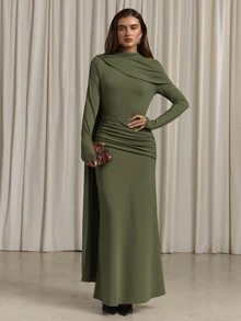 Aloruh Women's Autumn/Winter Ruched Cowl Neck Slim Fit Mermaid Dress - Army Green - View 8