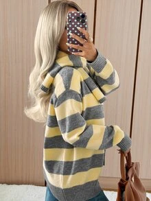 SHEIN EZwear Cardigan Wanita Kasual dengan Motif Garis Kontras Warna dan Syal, Musim Gugur/Dingin - MultiWarna - View 5