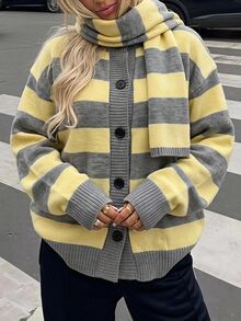 SHEIN EZwear Cardigan Wanita Kasual dengan Motif Garis Kontras Warna dan Syal, Musim Gugur/Dingin - MultiWarna - View 10