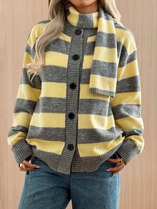 SHEIN EZwear Cardigan Wanita Kasual dengan Motif Garis Kontras Warna dan Syal, Musim Gugur/Dingin - MultiWarna - View 2