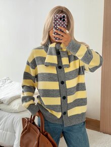 SHEIN EZwear Cardigan Wanita Kasual dengan Motif Garis Kontras Warna dan Syal, Musim Gugur/Dingin - MultiWarna - View 4