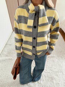 SHEIN EZwear Cardigan Wanita Kasual dengan Motif Garis Kontras Warna dan Syal, Musim Gugur/Dingin - MultiWarna - View 7