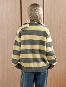 SHEIN EZwear Cardigan Wanita Kasual dengan Motif Garis Kontras Warna dan Syal, Musim Gugur/Dingin - MultiWarna - View 9