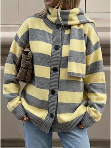SHEIN EZwear Cardigan Wanita Kasual dengan Motif Garis Kontras Warna dan Syal, Musim Gugur/Dingin - MultiWarna - View 8