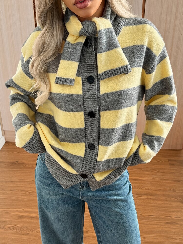 SHEIN EZwear 女款休閒對比色條紋開襟衫附圍巾，秋冬款 - 彩色 - 查看 3