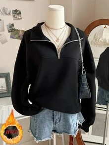 INAWLY 女款純色落肩長袖休閒領口拉鍊運動衫 - 彩色 - 查看 6