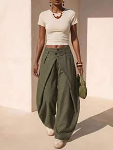 Zivah Women's Fashion Solid Color Curved Leg Pants - Army Green - View 4