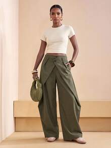 Zivah Women's Fashion Solid Color Curved Leg Pants - Army Green - View 10