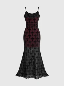 ROMWE Grunge Punk Punk Cross Lace Contrast Red Lining Sexy Women's Extra Long Dress - Black - View 1