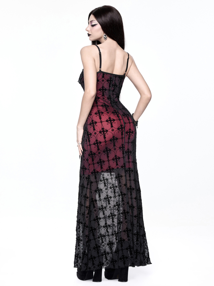 ROMWE Grunge Punk Punk Cross Lace Contrast Red Lining Sexy Women's Extra Long Dress - Black - View 3