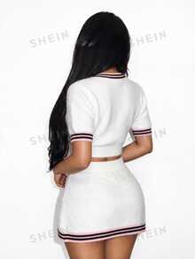 BamGleam Cardigan Rajut Pendek Wanita Kerah Bulat Kancing Depan, Lengan Pendek dengan Trim Kontras di Leher & Manset, Kain Lembut, Atasan Rajut Elegan dan Chic untuk Musim Gugur dan Musim Dingin - Putih - View 3