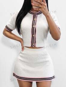 BamGleam Cardigan Rajut Pendek Wanita Kerah Bulat Kancing Depan, Lengan Pendek dengan Trim Kontras di Leher & Manset, Kain Lembut, Atasan Rajut Elegan dan Chic untuk Musim Gugur dan Musim Dingin - Putih - View 9