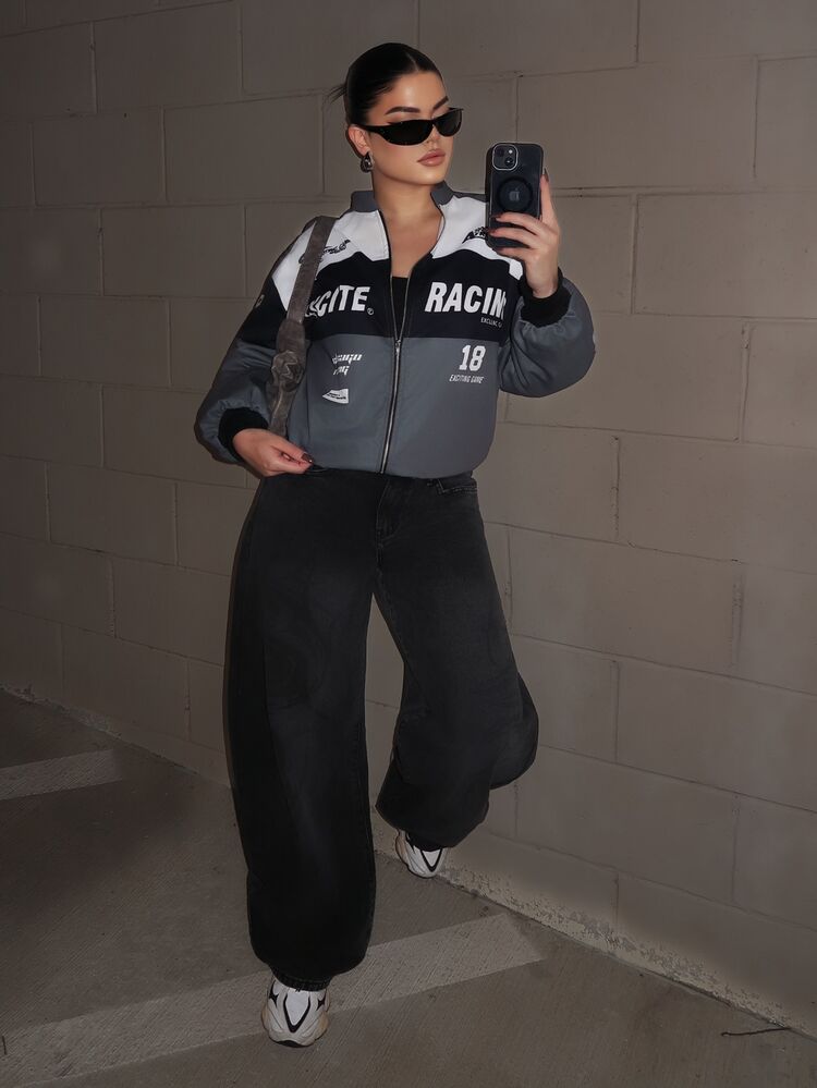 Dayanna Comas Fashionable Casual Street Style Retro Print Loose Fit Denim Wide Leg Pants - Light Grey - View 5