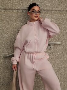 Dayanna Comas 高领抓绒拉链运动服外套（仅限运动套装） 适合健身、运动、健身房、普拉提、日常休闲穿着 烟晶色 - 粉色 - 查看 1