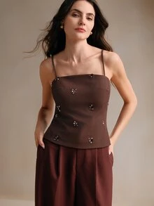 Anewsta Women's Fashionable Sequins Embroidered Backless Tie-Waist Cami Top, Christmas Everyday High Tea Brown Floral Summer Vintage Elegant - Coffee Brown - View 5
