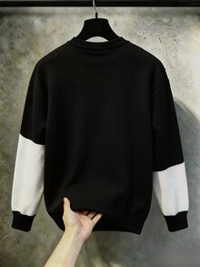 STEELVANCE Men's Letter Pattern Contrast Color Crew Neck Long Sleeve Casual Sweater - Black - View 2