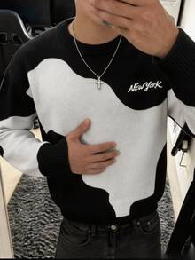 STEELVANCE Men's Letter Pattern Contrast Color Crew Neck Long Sleeve Casual Sweater - Black - View 4