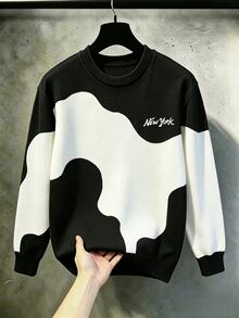 STEELVANCE Men's Letter Pattern Contrast Color Crew Neck Long Sleeve Casual Sweater - Black - View 3