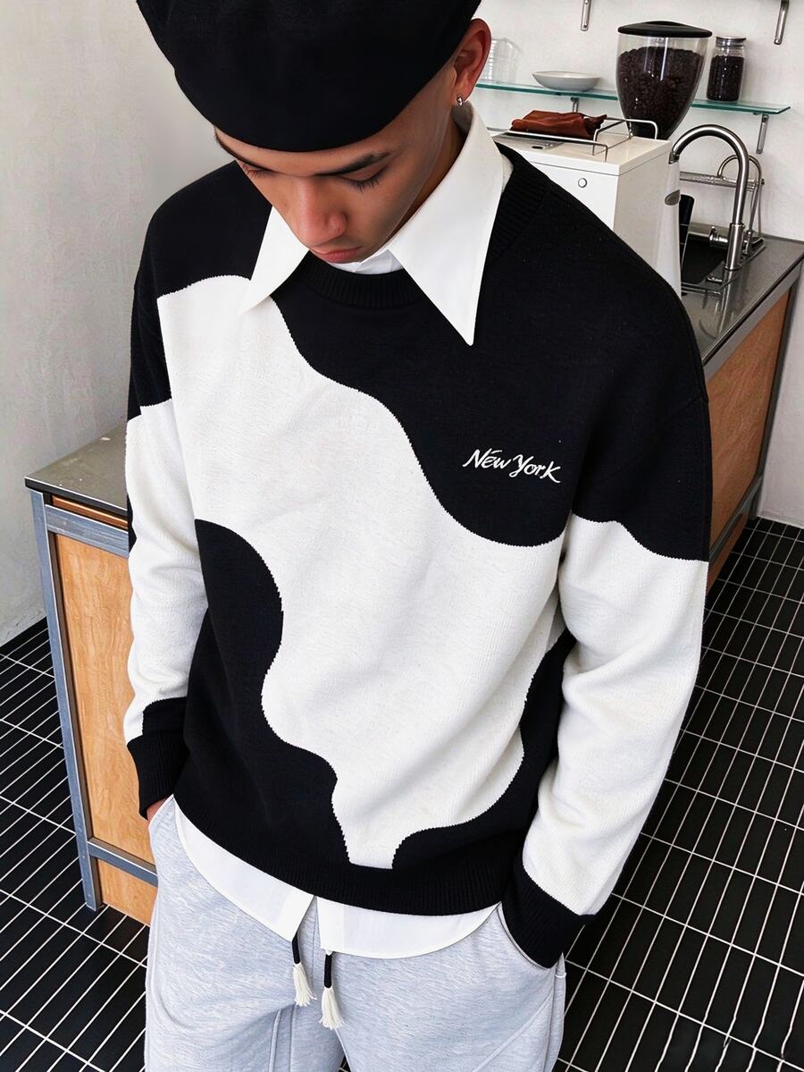 STEELVANCE Men's Letter Pattern Contrast Color Crew Neck Long Sleeve Casual Sweater - Black - View 1