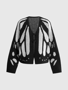 ROMWE Cardigan Rajut Wanita Lengan Sayap Kelelawar Motif Kupu-kupu dan Ngengat untuk Kostum Halloween Gothic Gelap - Hitam dan Putih - View 8