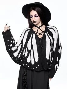 ROMWE Cardigan Rajut Wanita Lengan Sayap Kelelawar Motif Kupu-kupu dan Ngengat untuk Kostum Halloween Gothic Gelap - Hitam dan Putih - View 6