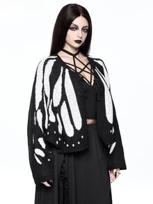 ROMWE Cardigan Rajut Wanita Lengan Sayap Kelelawar Motif Kupu-kupu dan Ngengat untuk Kostum Halloween Gothic Gelap - Hitam dan Putih - View 5
