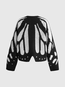 ROMWE Cardigan Rajut Wanita Lengan Sayap Kelelawar Motif Kupu-kupu dan Ngengat untuk Kostum Halloween Gothic Gelap - Hitam dan Putih - View 9