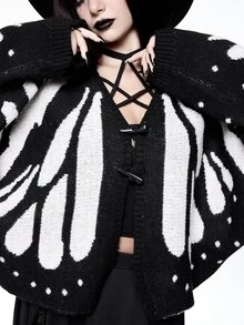 ROMWE Cardigan Rajut Wanita Lengan Sayap Kelelawar Motif Kupu-kupu dan Ngengat untuk Kostum Halloween Gothic Gelap - Hitam dan Putih - View 2