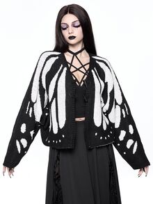 ROMWE Cardigan Rajut Wanita Lengan Sayap Kelelawar Motif Kupu-kupu dan Ngengat untuk Kostum Halloween Gothic Gelap - Hitam dan Putih - View 4