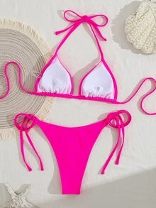 SHEIN Swim 女士纯色露背比基尼套装，夏季度假海滩 - 玫紅色 - 查看 2