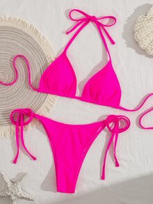 SHEIN Swim 女士纯色露背比基尼套装，夏季度假海滩 - 玫紅色 - 查看 3