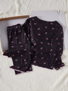 1 Set Tween Girl Home Wear Outfit Ribbed Fabric Black Base Pink Bow Print V Neck Frill Trim Button Placket Long Sleeve Pants Two Pieces Soft Skin-Friendly - Black - View 2