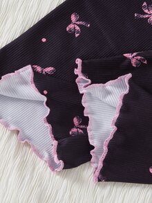 1 Set Tween Girl Home Wear Outfit Ribbed Fabric Black Base Pink Bow Print V Neck Frill Trim Button Placket Long Sleeve Pants Two Pieces Soft Skin-Friendly - Black - View 9