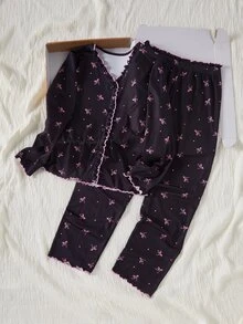 1 Set Tween Girl Home Wear Outfit Ribbed Fabric Black Base Pink Bow Print V Neck Frill Trim Button Placket Long Sleeve Pants Two Pieces Soft Skin-Friendly - Black - View 5