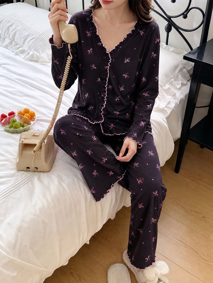 1 Set Tween Girl Home Wear Outfit Ribbed Fabric Black Base Pink Bow Print V Neck Frill Trim Button Placket Long Sleeve Pants Two Pieces Soft Skin-Friendly - Black - View 1