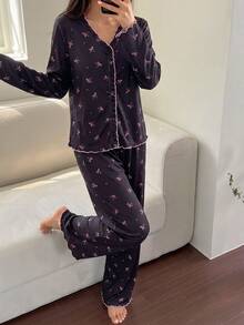 1 Set Tween Girl Home Wear Outfit Ribbed Fabric Black Base Pink Bow Print V Neck Frill Trim Button Placket Long Sleeve Pants Two Pieces Soft Skin-Friendly - Black - View 4